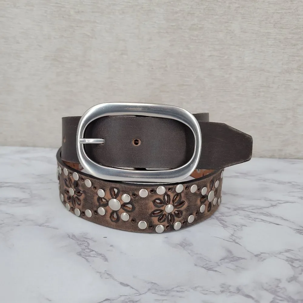 Brown Leather Studded Belt Floral Cutouts Oversized Silver Toned Oval Buckle